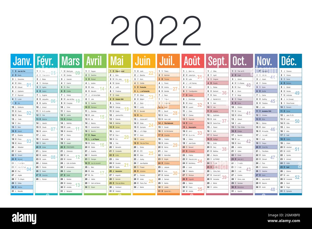 Jahr 2022 einseitiger, farbenfroher Kalender, in französischer Sprache, auf weißem Hintergrund. Vektorvorlage. Stock Vektor