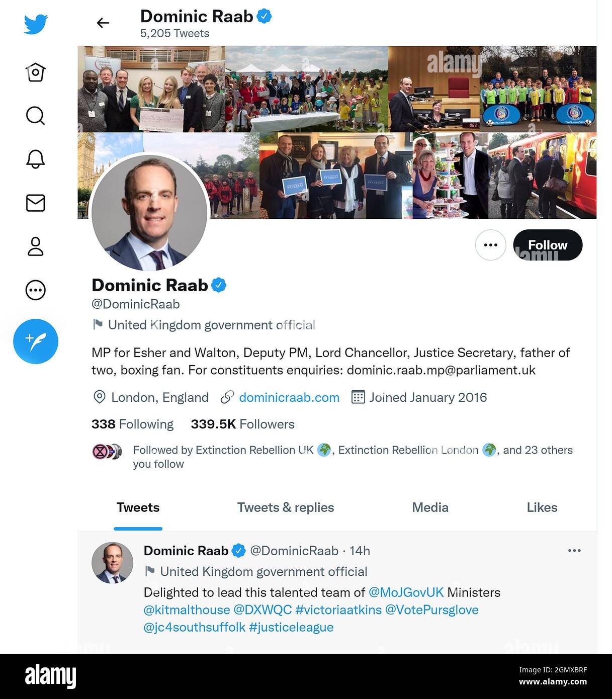 Twitter-Seite (September 2021) des stellvertretenden Premierministers und Justizsekretärs Dominic Raab Stockfoto