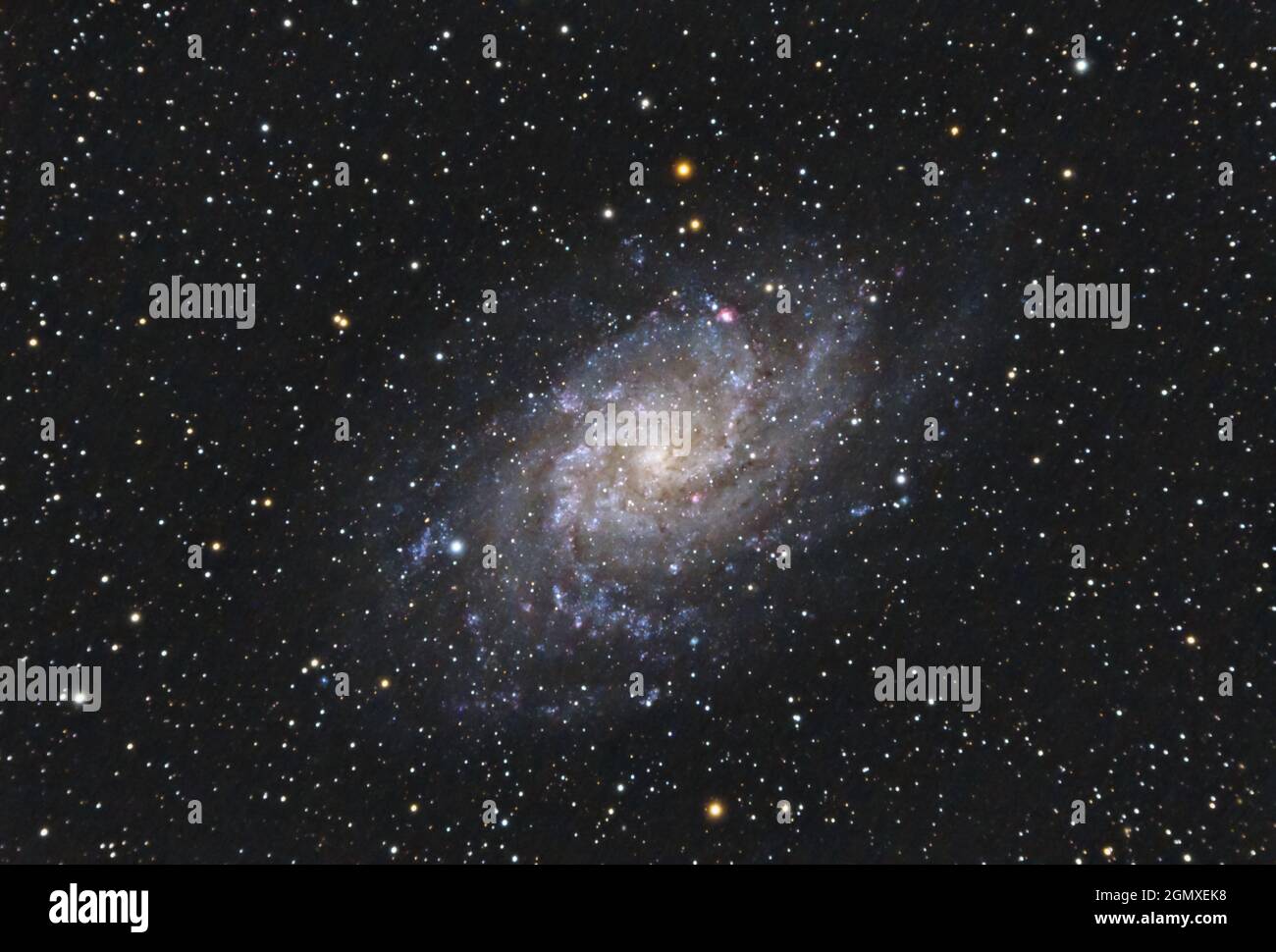 Die Triangulum-Galaxie M33 im Sternbild Triangulum mit Nebel, offenem Sternhaufen, Kugelsternhaufen und Sternen erfassen mit einem Refraktinteleskop Stockfoto