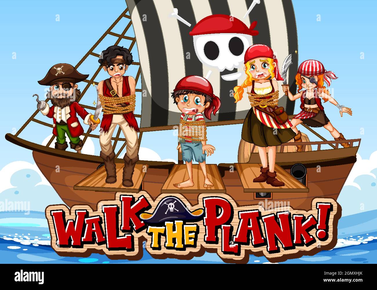 Viele Piraten Cartoon-Figur auf dem Schiff mit Walk the Plank Schriftart Banner Illustration Stock Vektor
