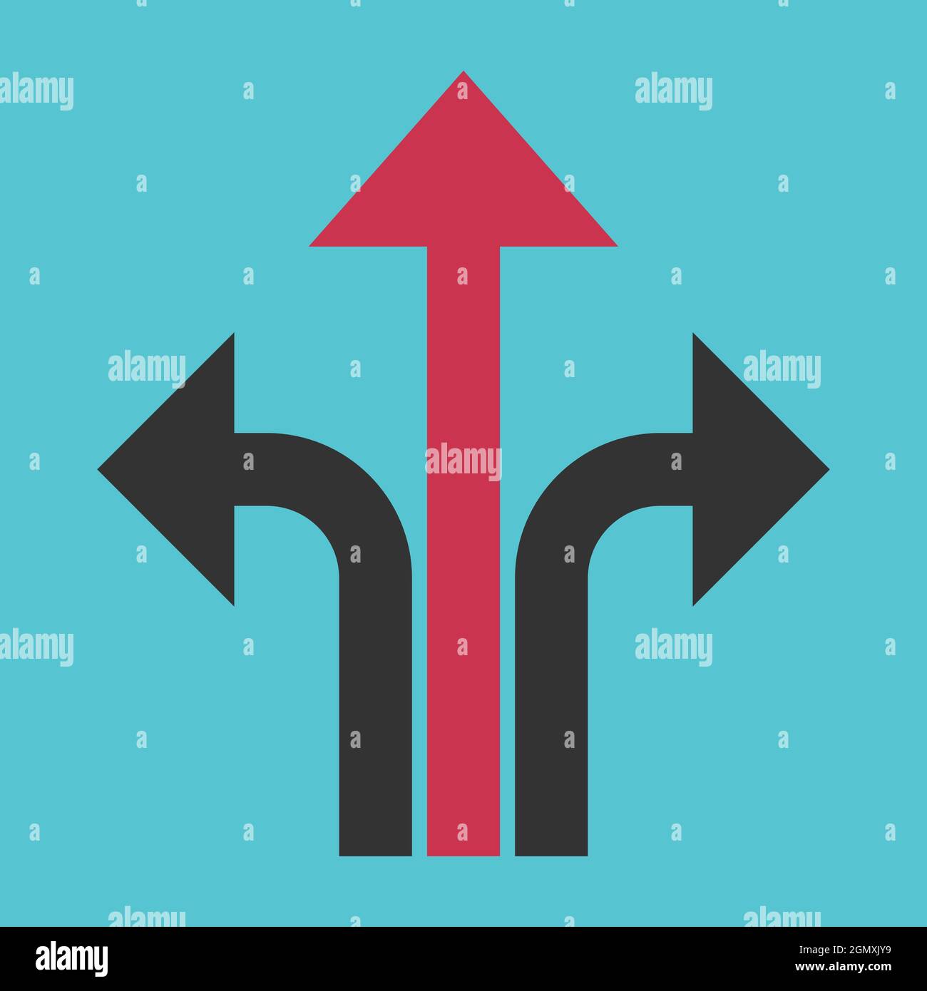 Dunkelgrauer und roter Trennpfeil mit drei Pfaden. Konzept von Erfolg, Auswahl, Entscheidung, Entwicklung und Trennung. Flaches Design Stock Vektor