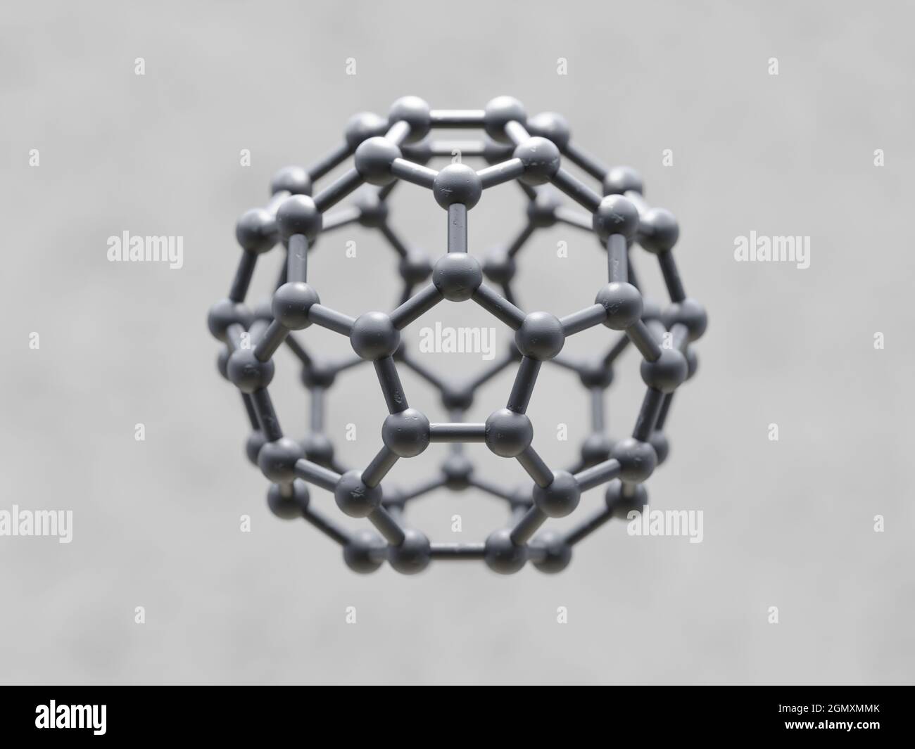 Graphen C60 Buckyball, Buckminsterfulleren, Kohlenstoffallotrope. 3D-Illustration. Stockfoto