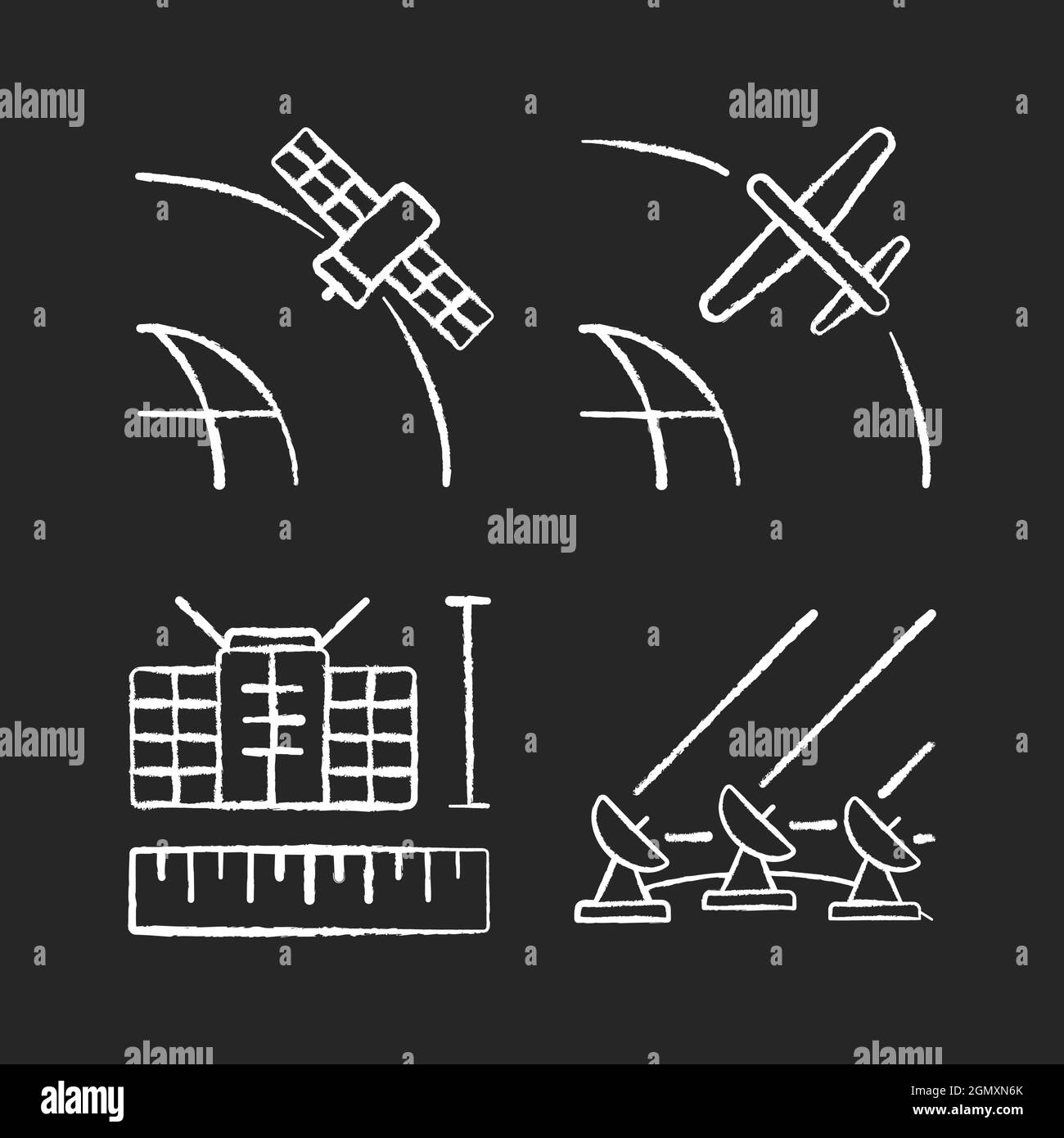 Satellitentechnologien kreideweiße Symbole auf dunklem Hintergrund Stock Vektor
