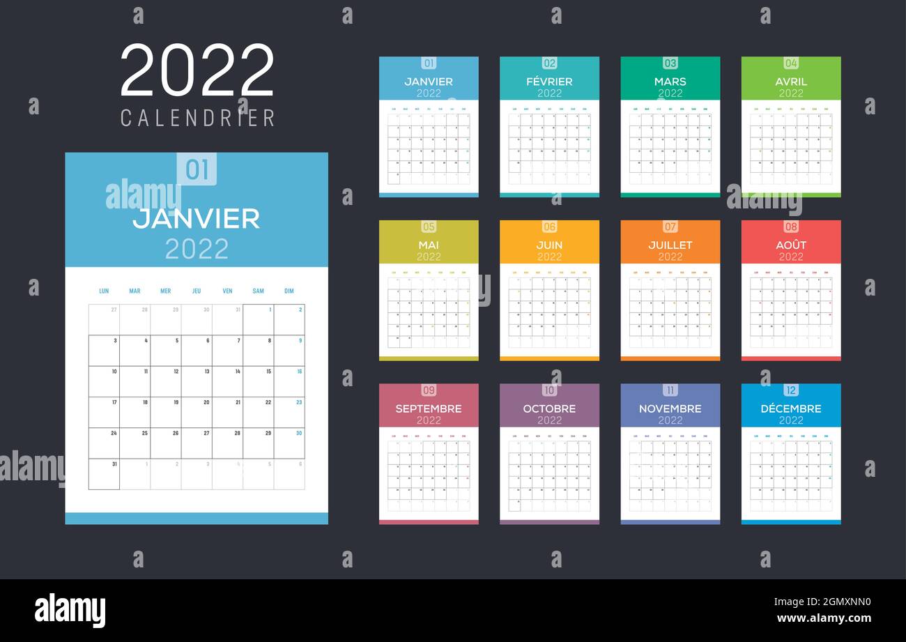 Jahr 2022 Monatskalender, in französischer Sprache. Vektorvorlage. Stock Vektor