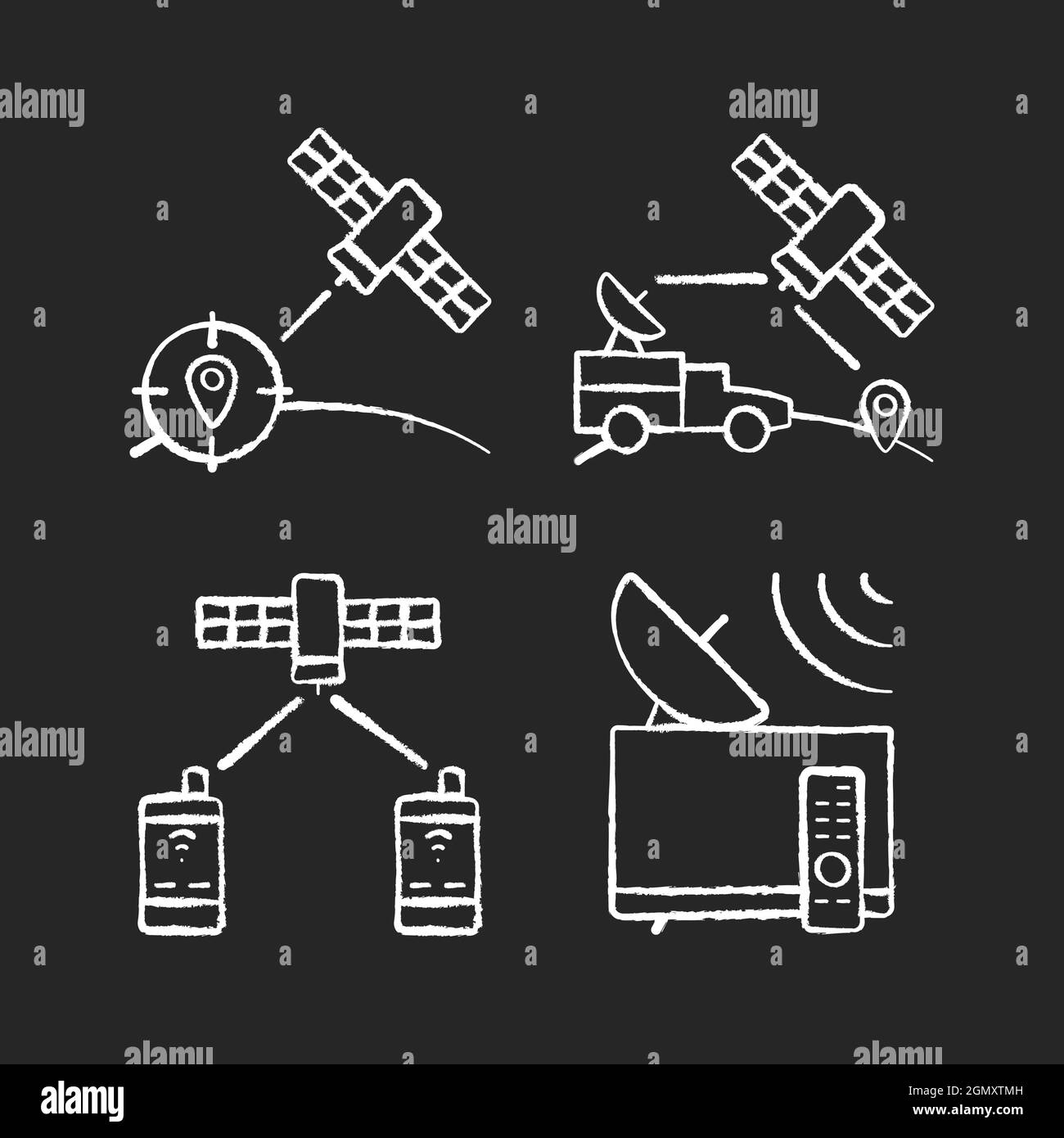 Kommunikationssatelliten mit kreideweißen Symbolen auf dunklem Hintergrund Stock Vektor