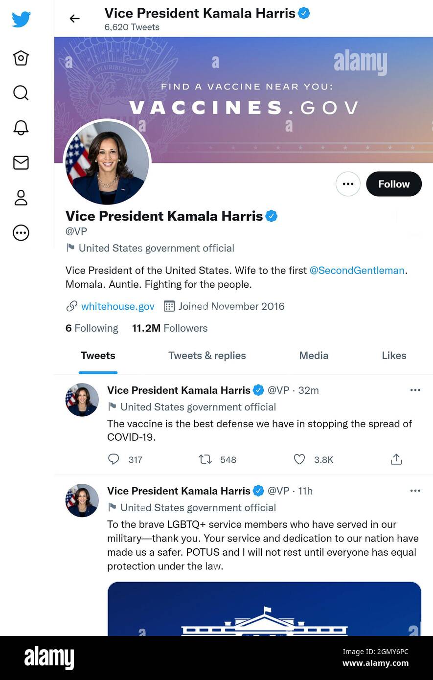 Twitter-Seite (September 2021) von US-Vizepräsident Kamala Harris Stockfoto