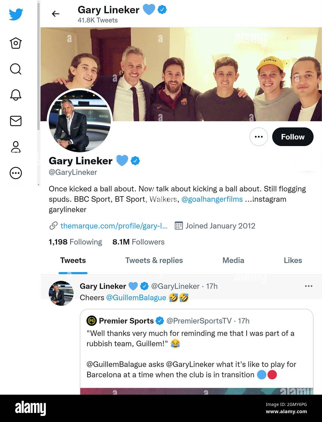 Twitter-Seite (September 2021) von Gary Lineker Stockfoto