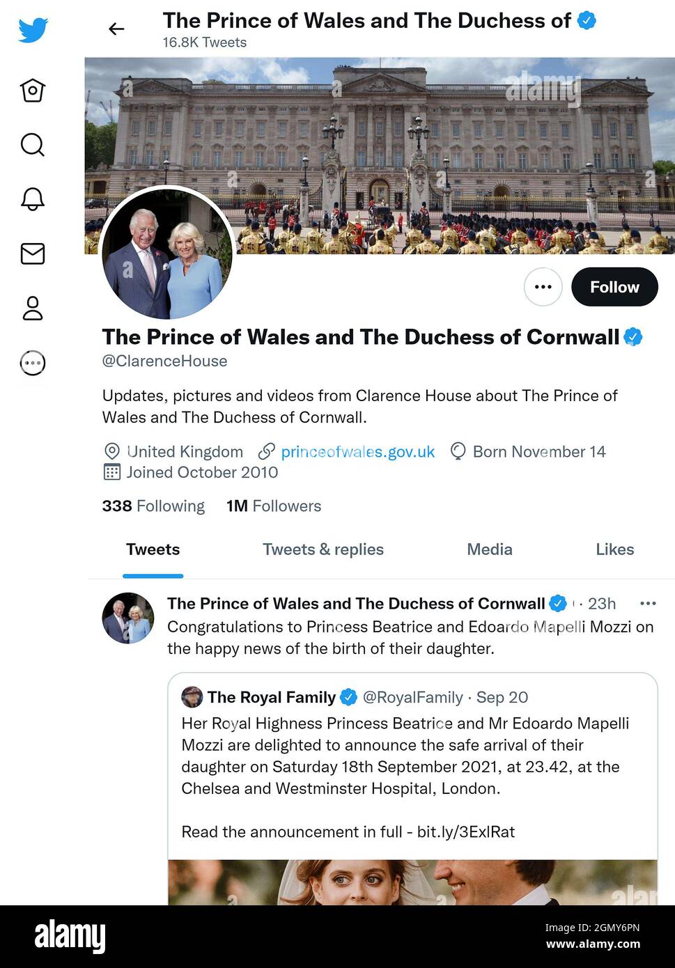 Twitter-Seite (September 2021) des Prinzen von Wales und der Herzogin von Cornwall Stockfoto