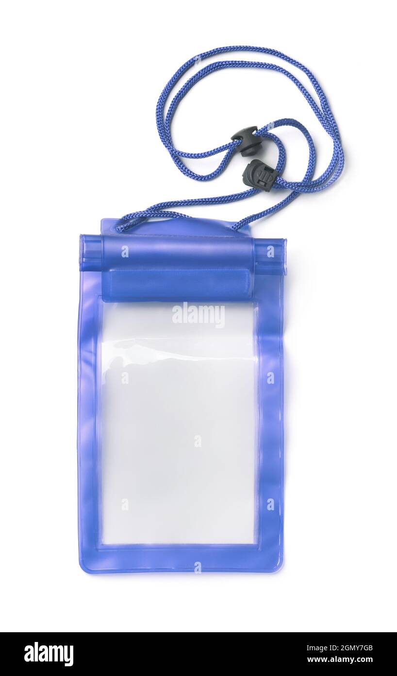 Frontansicht der leeren wasserdichten trockenen Smartphone-Tasche aus Kunststoff auf weiß isoliert Stockfoto