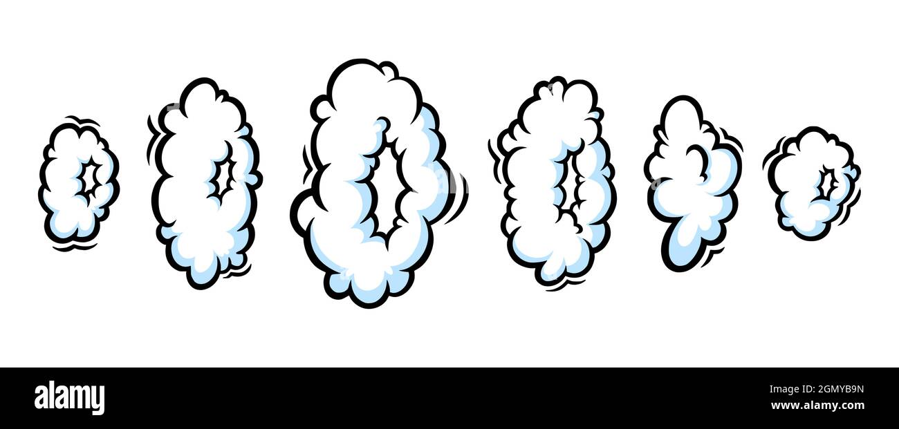 Dampfring im Comic-Stil. Reihe von runden Wolken aus Dampf oder Rauch für Zigarre, Zigarette oder schnelle Bewegung. Vektorgrafik in Weiß isoliert Stock Vektor