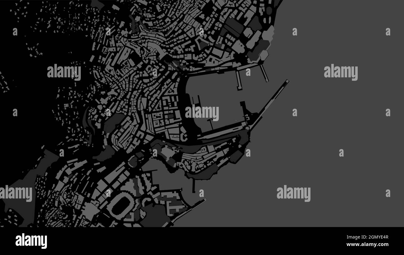 Dunkelschwarze Monaco City Area Vektor Hintergrundkarte, Straßen und Wasser Kartographie Illustration. Breitbild-Proportion, digitale Flat-Design-Streetmap. Stock Vektor