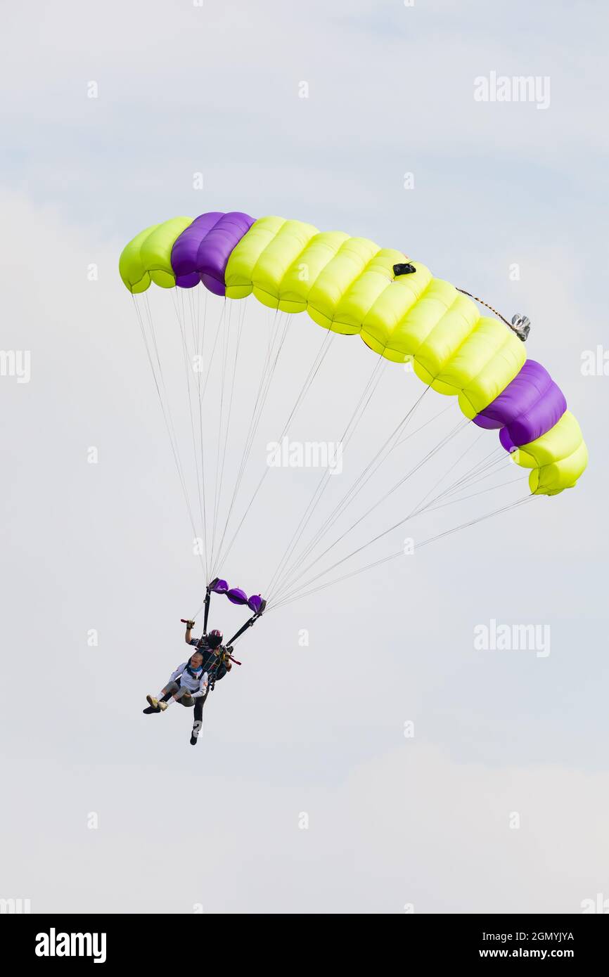 Fallschirmspringer des Skydive-Tandems landen auf dem Flugplatz Langar, Nottinghamshire, England. Stockfoto