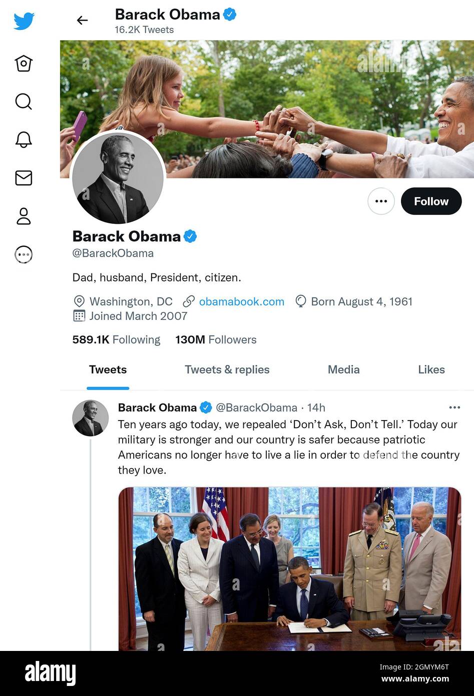 Twitter-Seite (September 2021) von Barack Obama für den US-Präsidenten Stockfoto