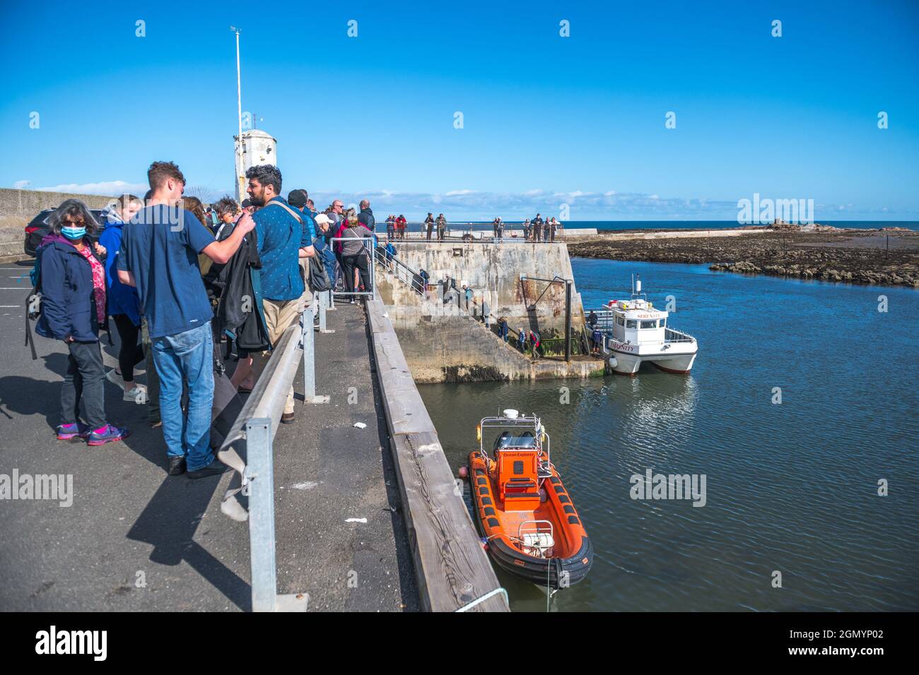 Sightseeing-Passagiere, die nach ihrer Bootsfahrt zu den Farne-Inseln vom Hafen von Seahouses aus ein- und aussteigen. Stockfoto Sightseeing-Passagiere, die nach ihrer Bootsfahrt zu den Farne-Inseln vom Hafen von Seahouses aus ein- und aussteigen. Stockfoto