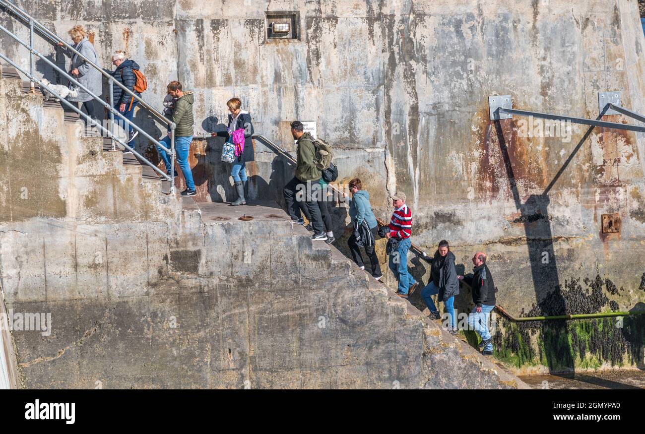 Sightseeing-Passagiere, die nach ihrer Bootsfahrt zu den Farne-Inseln vom Hafen von Seahouses aussteigen. Stockfoto Sightseeing-Passagiere, die nach ihrer Bootsfahrt zu den Farne-Inseln vom Hafen von Seahouses aussteigen. Stockfoto