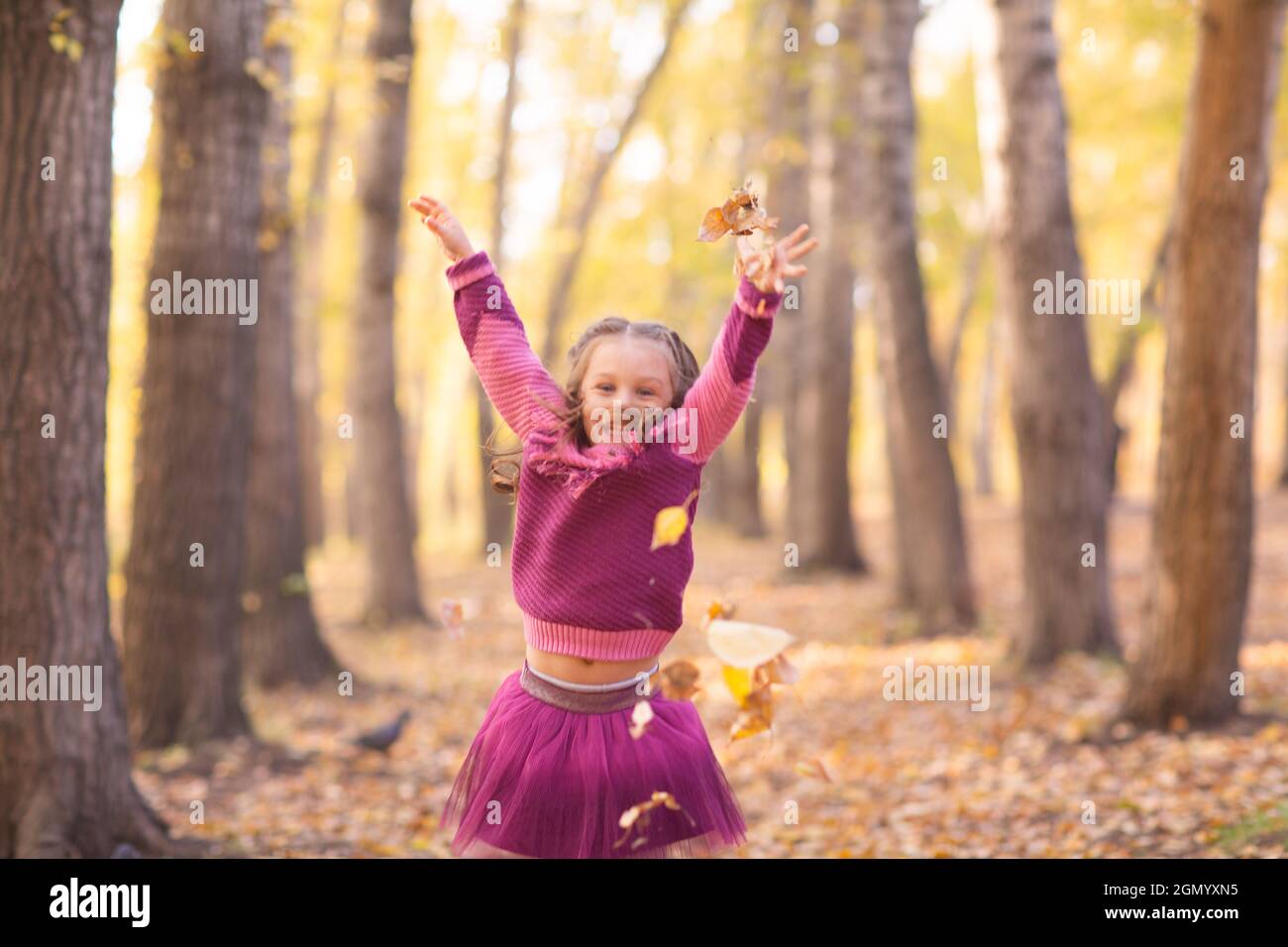 Nettes kleines Mädchen im Herbst Park mit orange und gelbe Farbe Blätter. Stockfoto