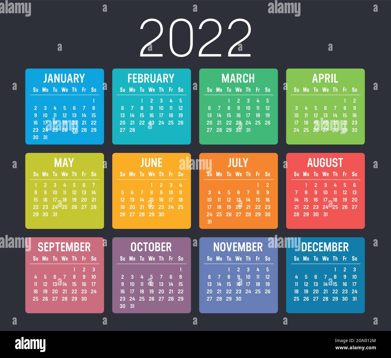 Farbenfroher Jahreskalender 2022 isoliert auf schwarzem Hintergrund. Vektorvorlage. Stock Vektor