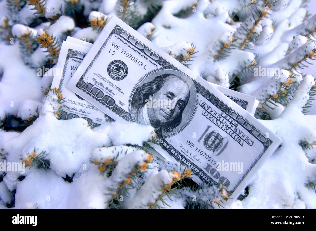 Stapel von 100 Dollar Rechnungen legen, die Hälfte im Schnee begraben.  Bild darstellen könnte "kalten Cash" und "eingefrorenen Vermögenswerte." Stockfoto