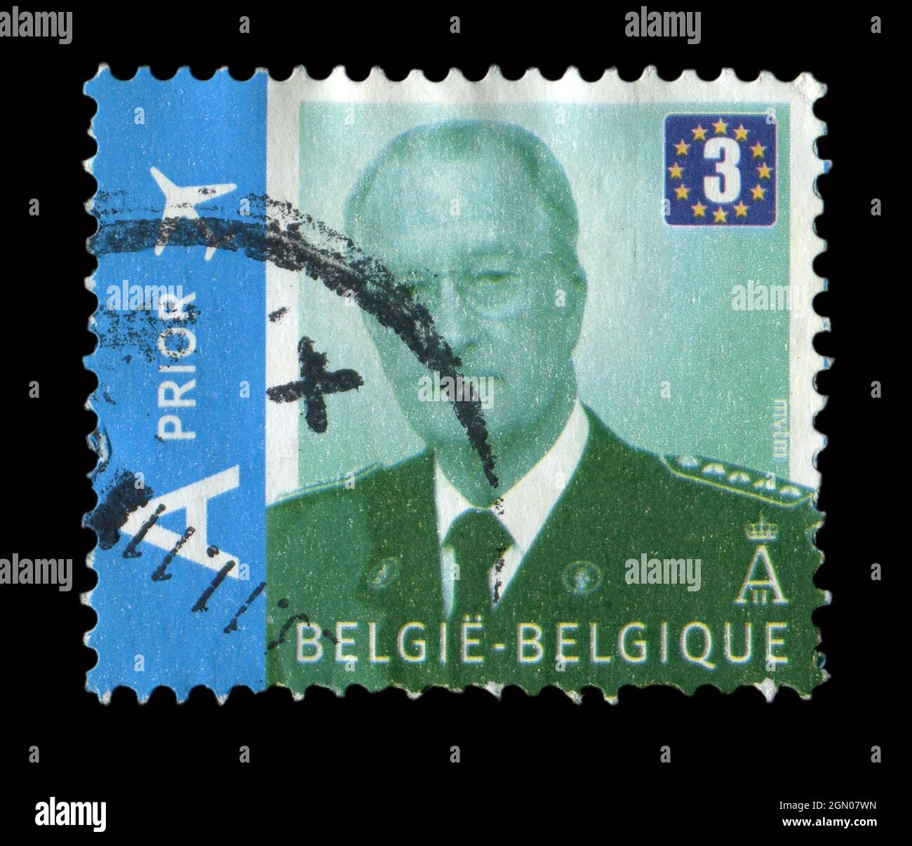 Die in Belgien gedruckte Briefmarke zeigt das Bild des Albert II. Von Belgien. Stockfoto