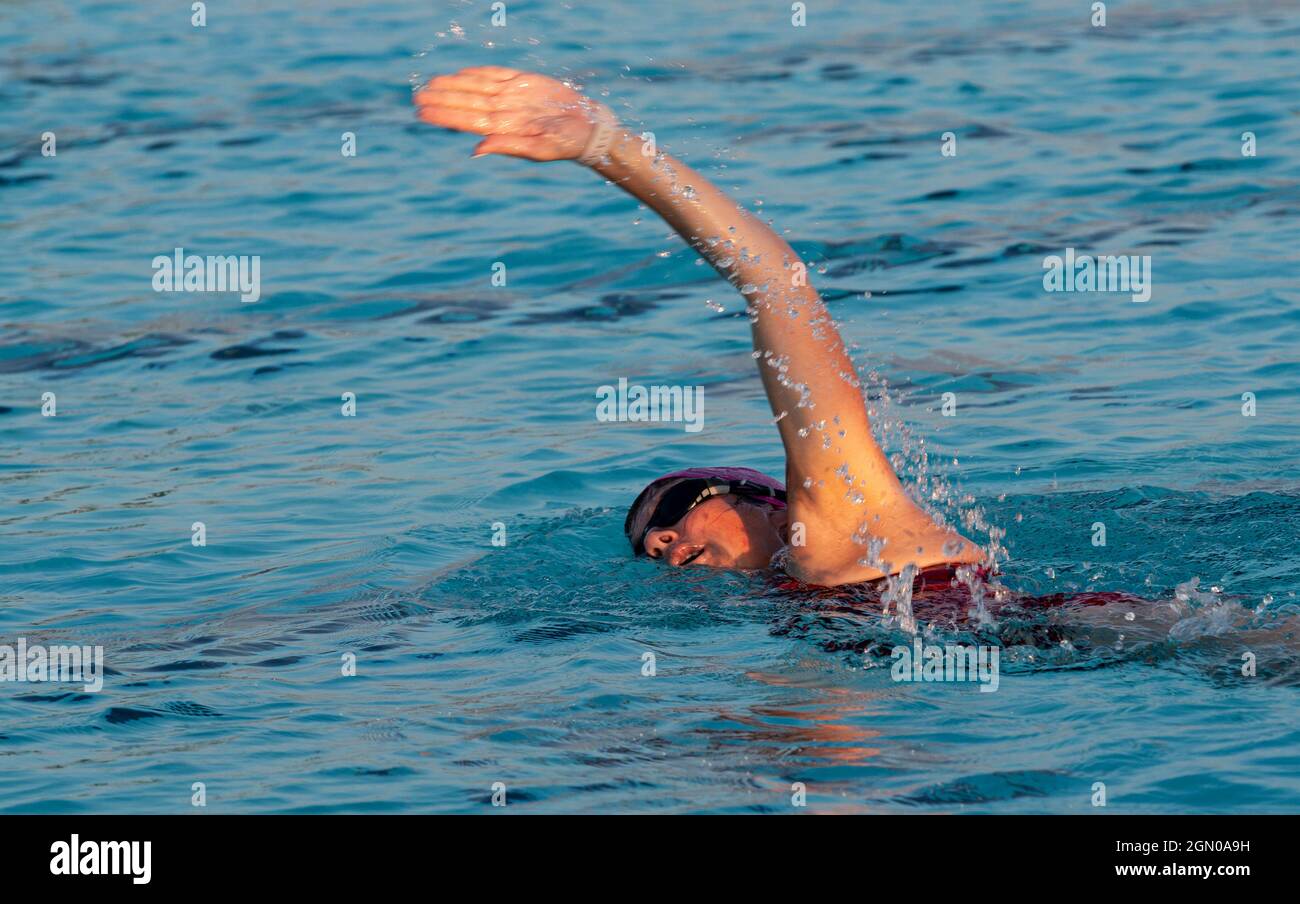 Eine Frau schwimmt am frühen Morgen in einem Pool mit der Sonne, die auf ihrem Gesicht scheint und ihrem Arm während des Schlaganfalls aus dem Wasser. Stockfoto