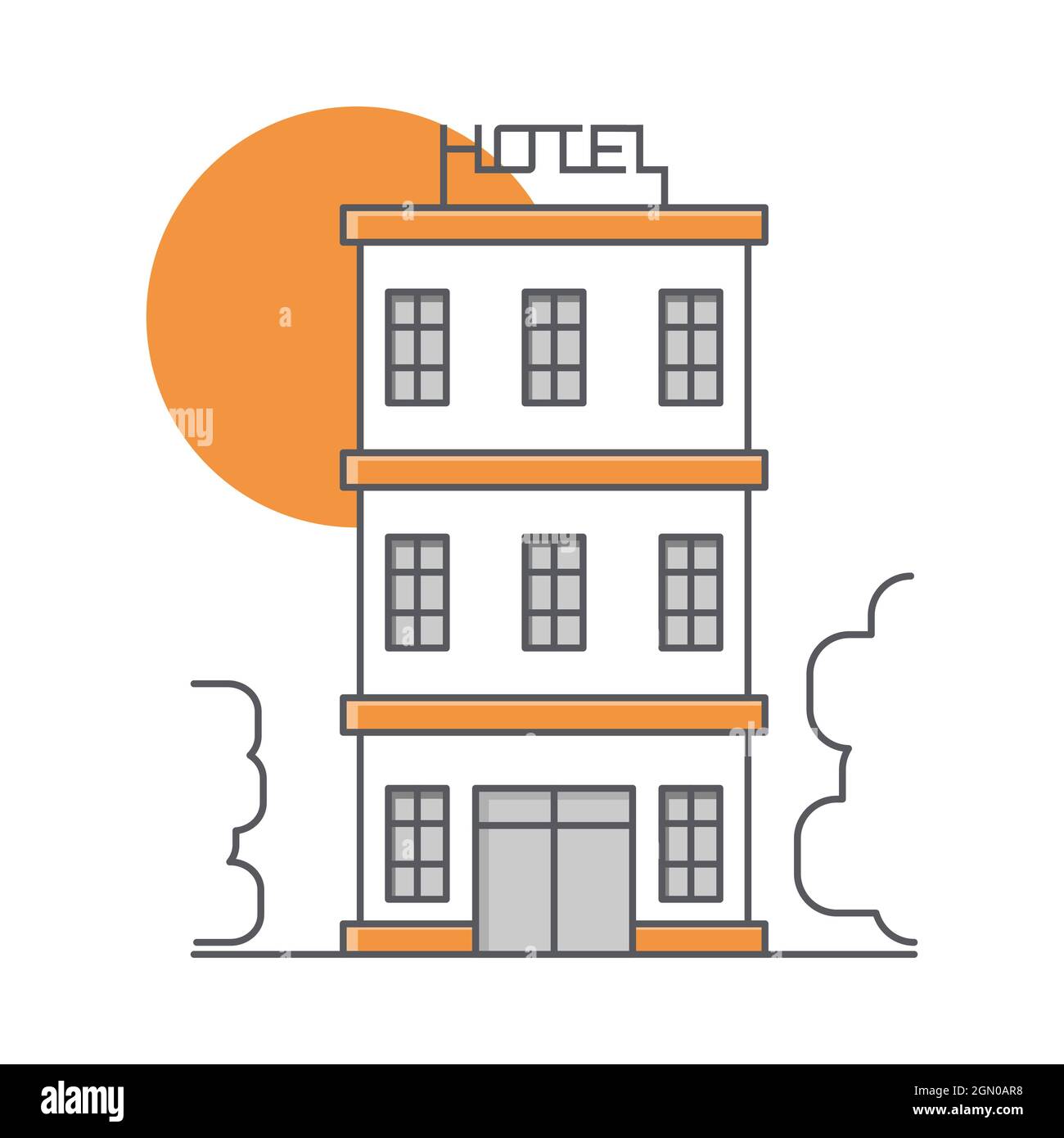 3stöckiges Hotelgebäude. Hohes, mehrstöckiges Cartoongebäude. Flache Illustration. Stock Vektor