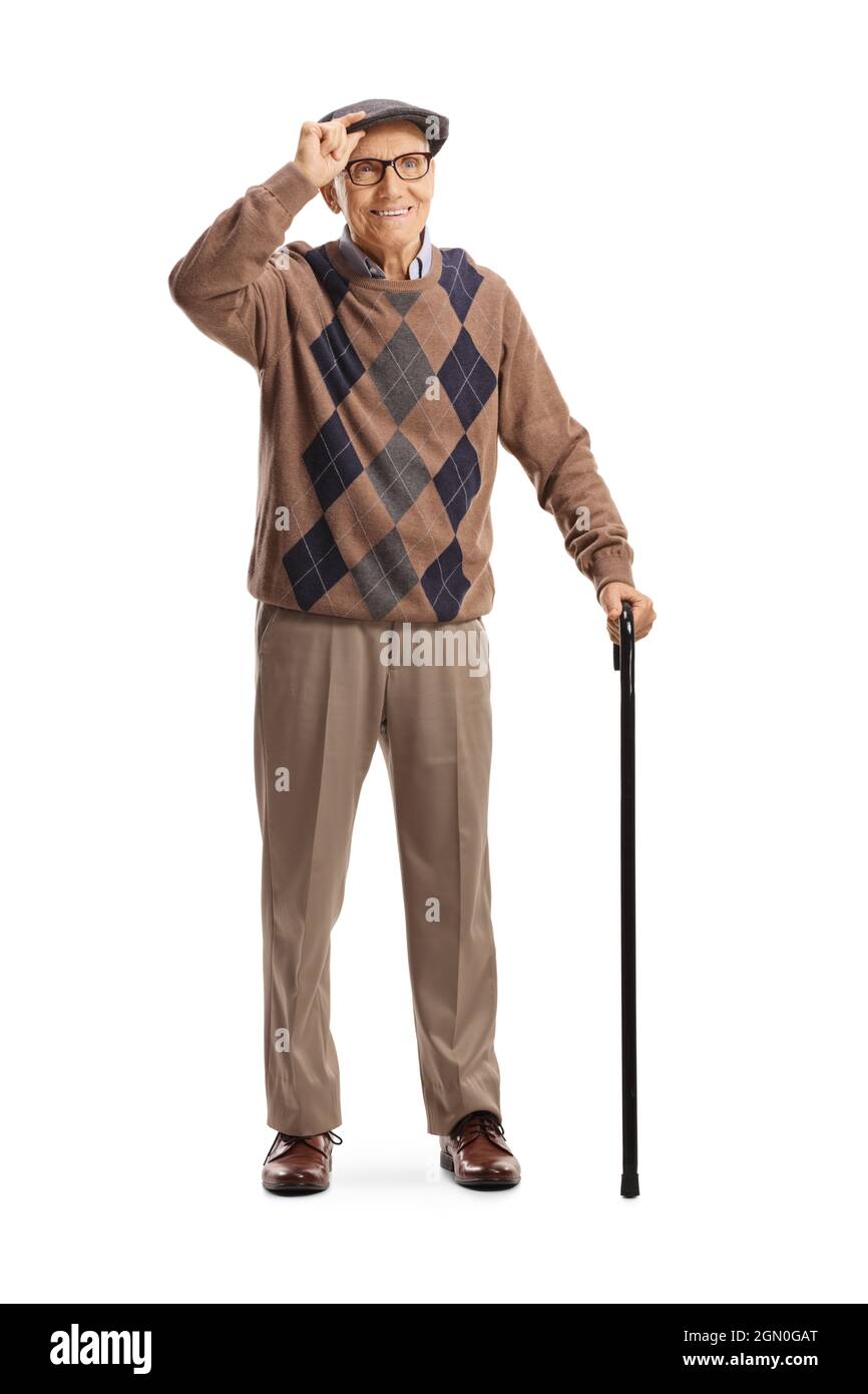 Älterer Mann mit einem Gehstock und einem Hut auf weißem Hintergrund Stockfoto