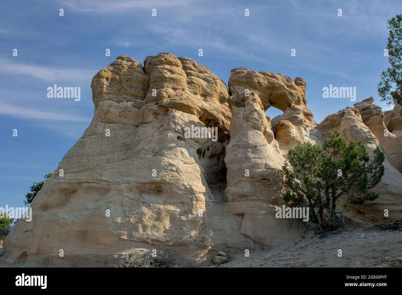 Am frühen Morgen bilden Licht und Wolken eine künstlerische Kulisse für den Pillar Arch im Potter Canyon in der Nähe des Azteken-Neumexikans Stockfoto
