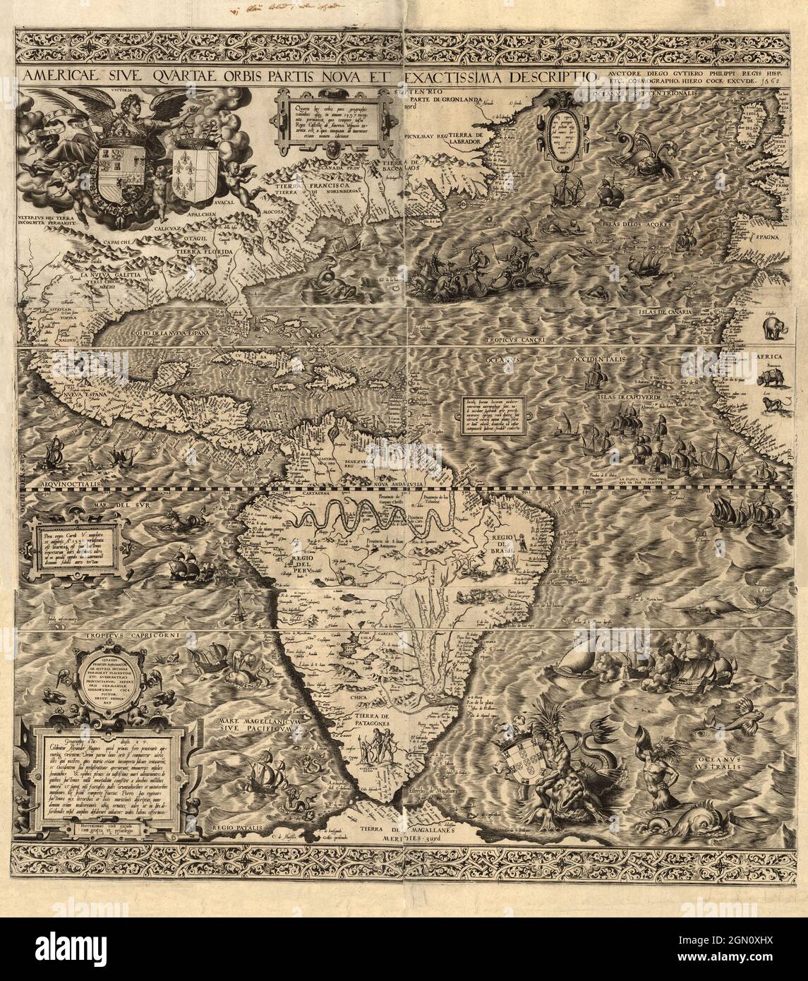 Antike illustrierte Landkarte von Amerika (Amerika) aus dem Jahr 1562, erstellt von Diego Gutiérrez Stockfoto