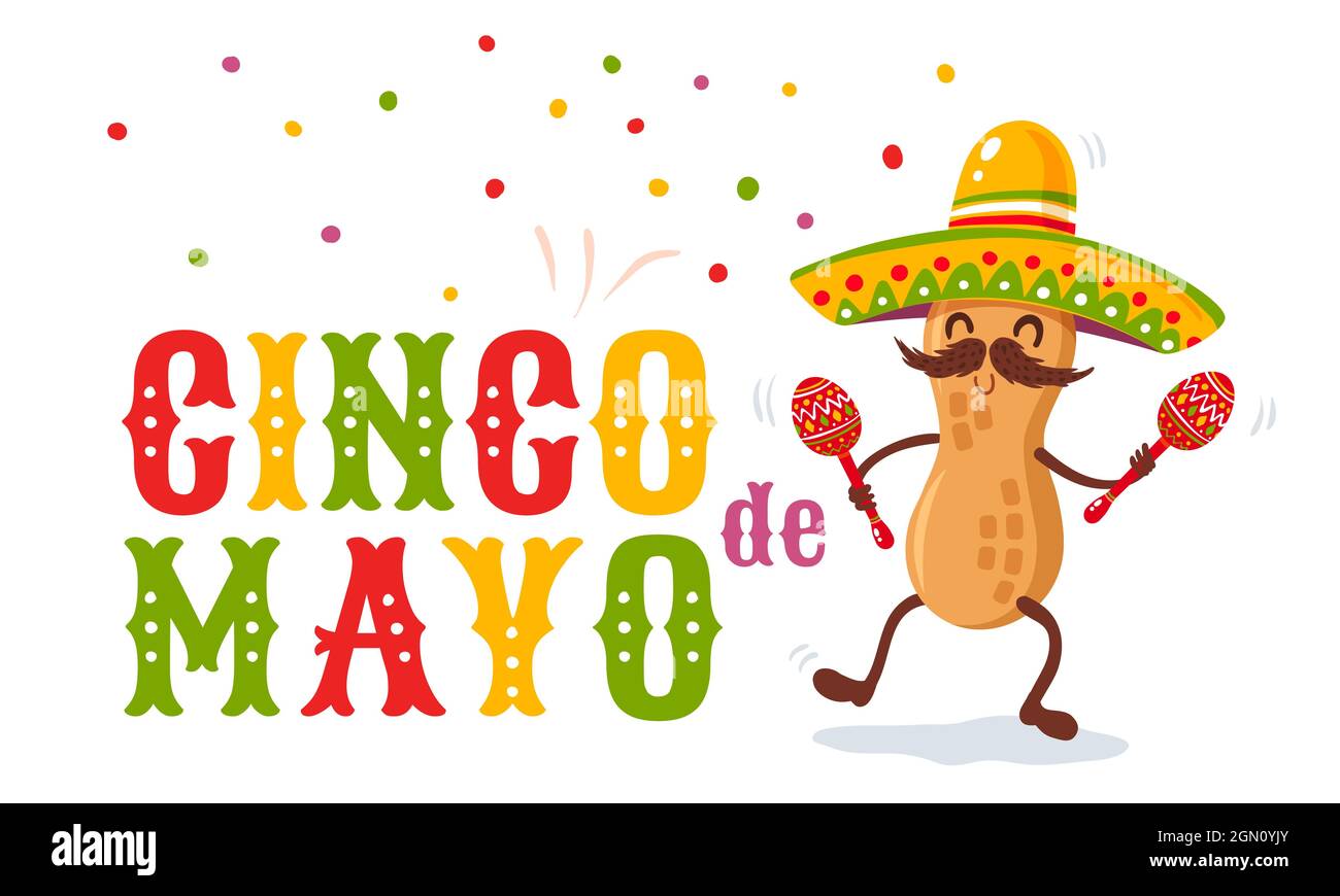 Vektor-Poster für Cinco de Mayo mit Erdnuss mit mexikanischem Sombrero und Maracas. Cinco de Mayo festlich. Vektordarstellung von Erdnuss in Sombrero für Cin Stock Vektor