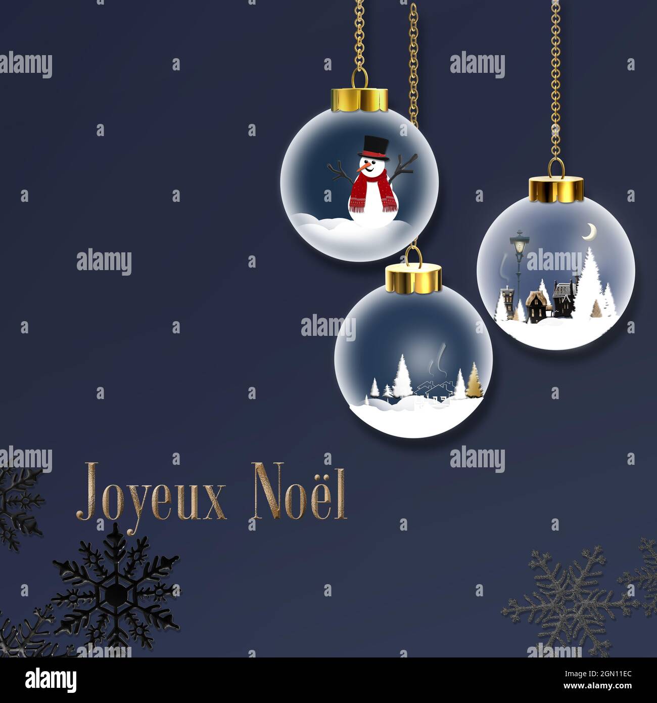 Französischer Text Joyeux Noel, Frohe Weihnachten auf Französisch.  Weihnachtskarte mit Weihnachtsschneeball, Schneemann, Schneeflocken,  Weihnachtsbaum Äste über blau. Platz für t Stockfotografie - Alamy