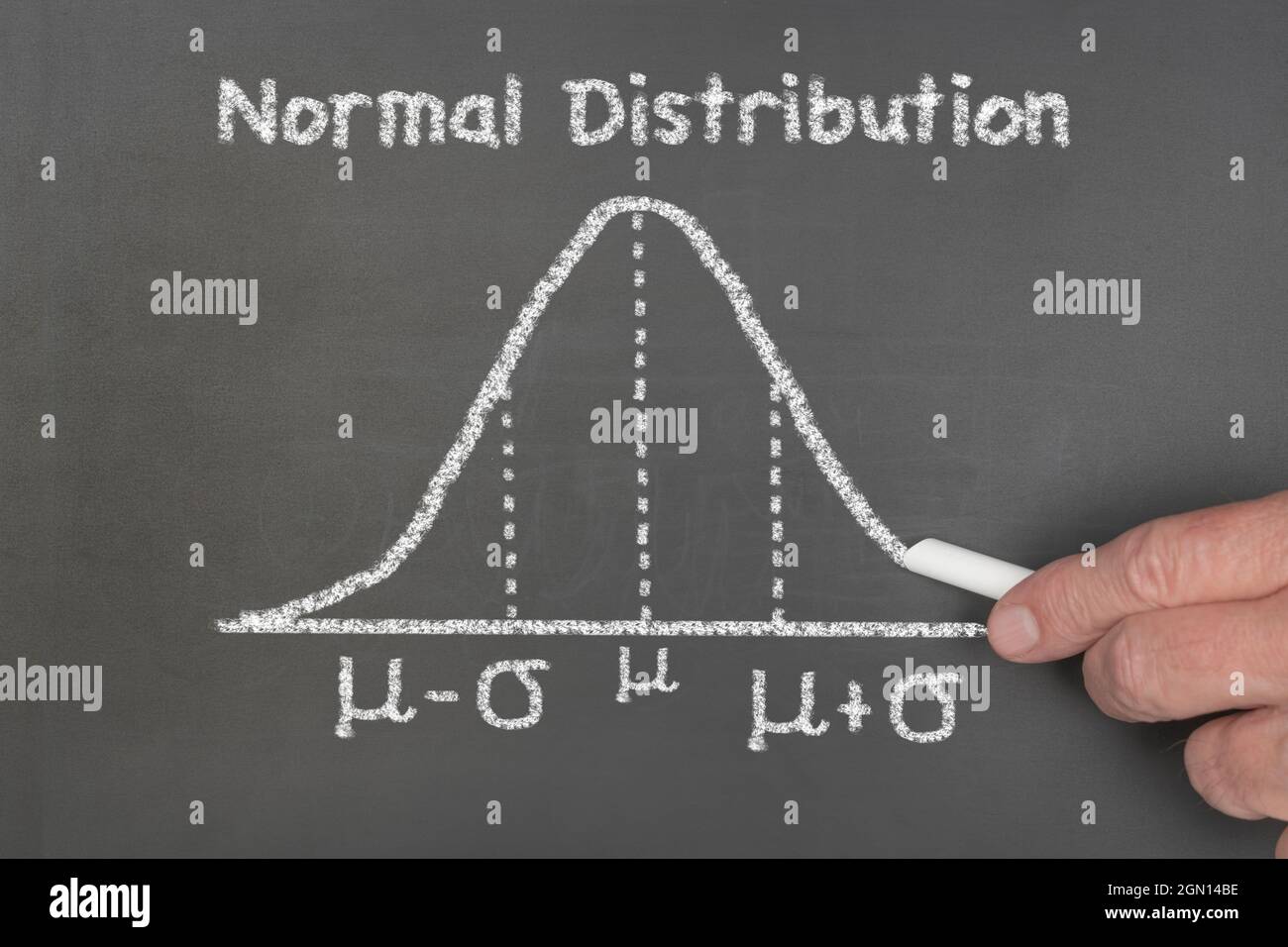 Ein Lehrer erklärt den Schülern die Prinzipien einer normalen Verteilung im Bereich der Wahrscheinlichkeitsverteilung. Stockfoto