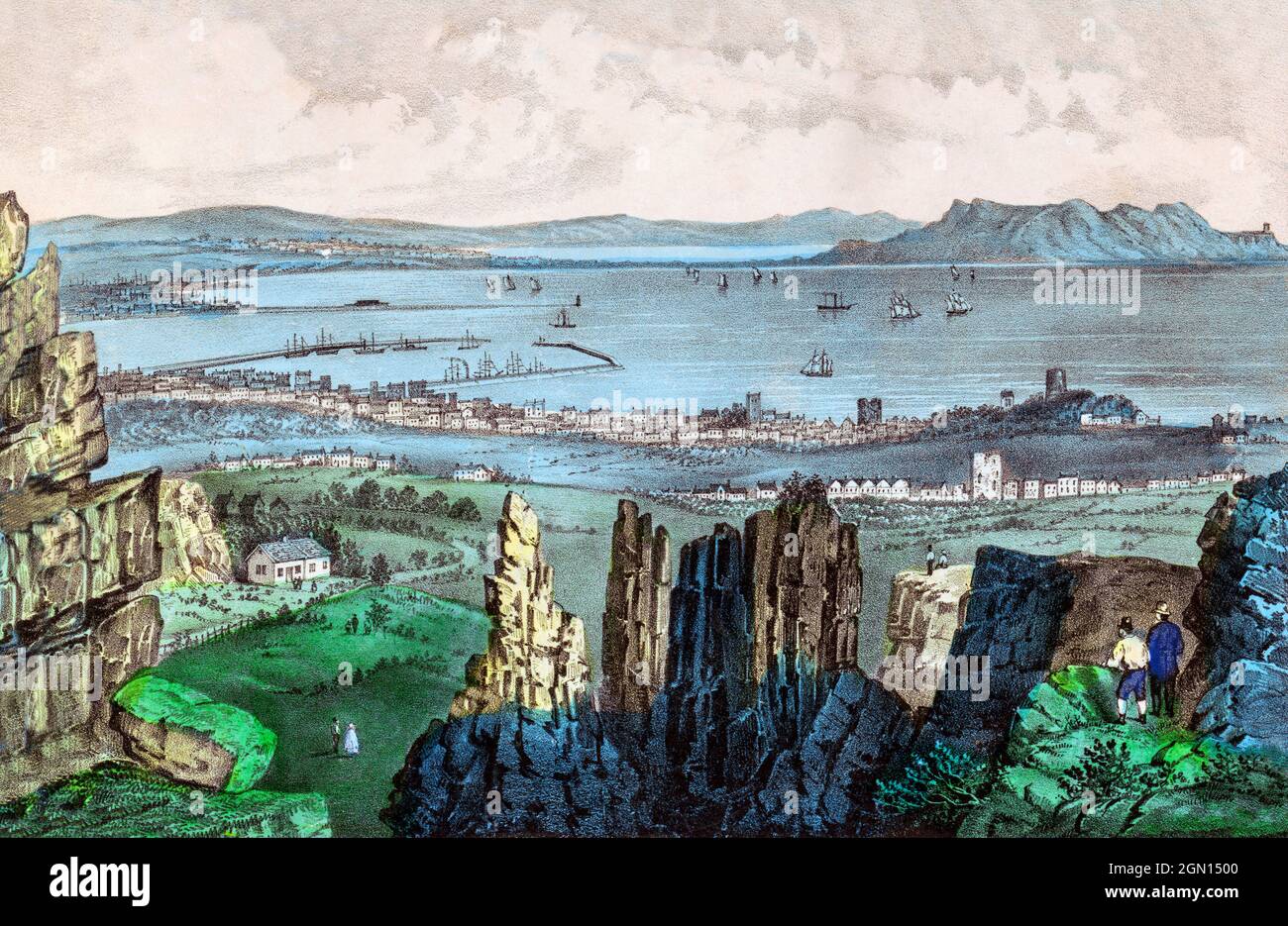 Ein Blick aus dem 19. Jahrhundert auf Dublin City und Hafen, Howth und Dublin Bay vom Quarry in Kingstown, benannt nach dem Besuch von König George IV. Im Jahr 1821. Es wurde Dún in 1920 Laoghaire umbenannt. Erstellt um 1880 von einem anonymen Künstler. Stockfoto