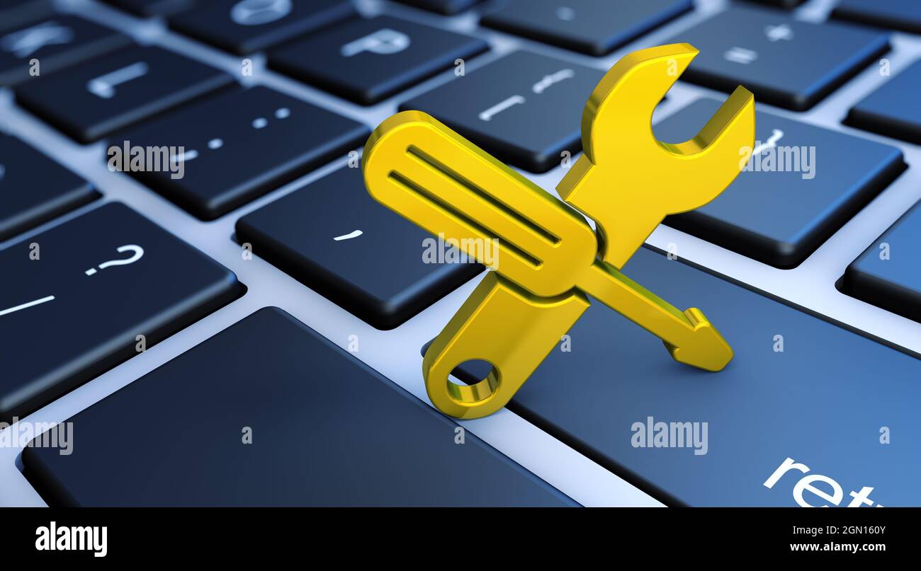 IT-Support, Computer-Service und Assistance-Konzept mit einem goldenen Werkzeug-Symbol auf einer Laptop-Tastatur 3D-Illustration. Stockfoto