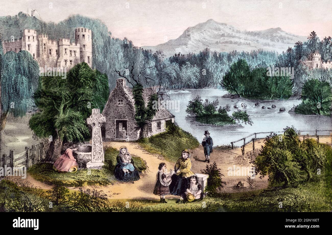 Eine Ansicht aus dem 19. Jahrhundert über das „Meeting of the Waters“, bei dem die Flüsse Avonmore und Beg zum Avoca River in der Grafschaft Wicklow, Irland, zusammenfließen. Die ‘Meetings’, wie die Einheimischen es nennen, ist der Ort, an dem der berühmte irische Dichter Thomas Moore seine berühmte irische Melodie „The Meeting of the Waters“ schrieb. Erstellt um 1880 von einem anonymen Künstler. Stockfoto