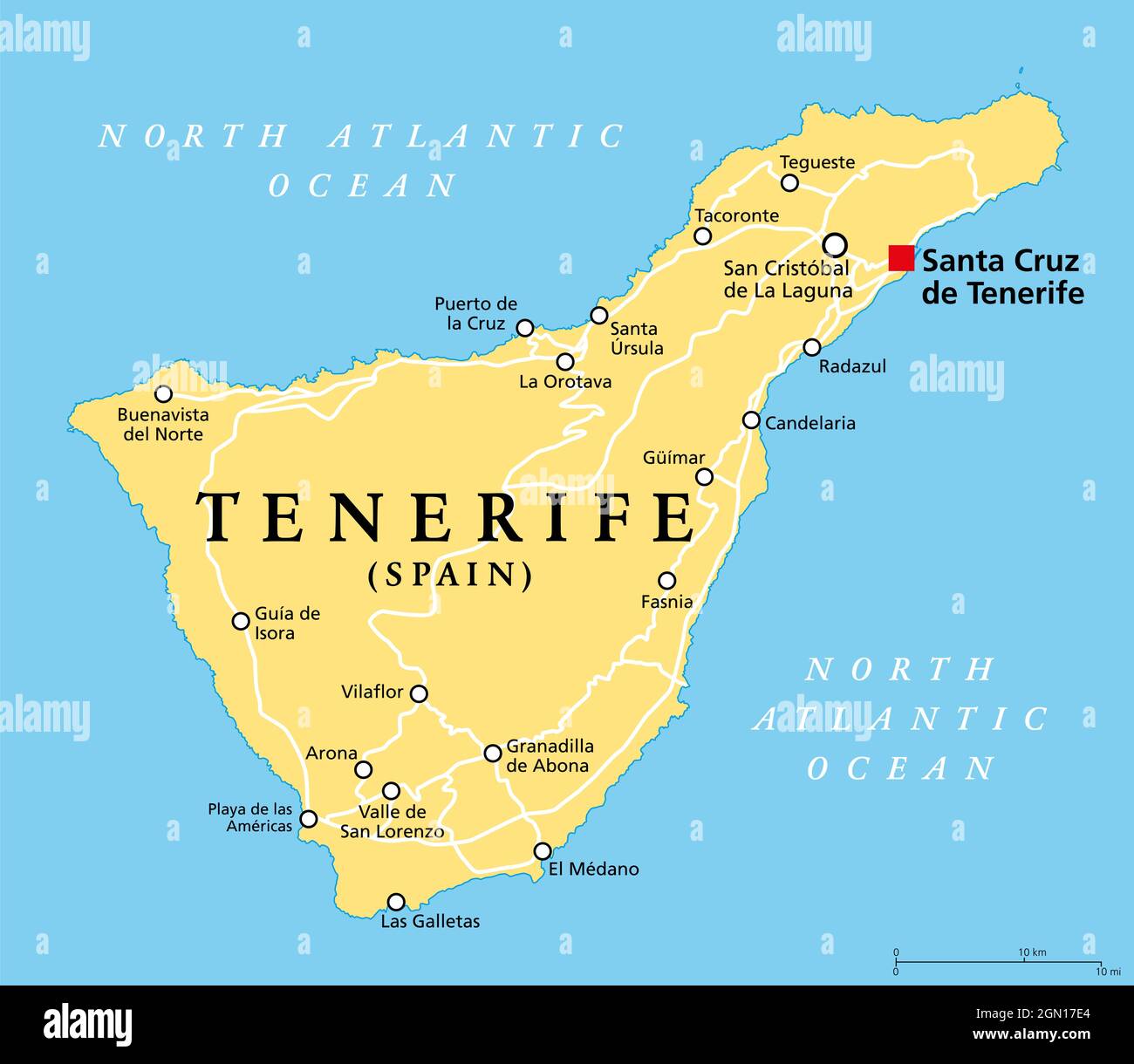 Insel Teneriffa, politische Landkarte, mit Hauptstadt Santa Cruz de Teneriffa. Die größte und bevölkerungsreichste Insel der Kanarischen Inseln, Spanien. Stockfoto