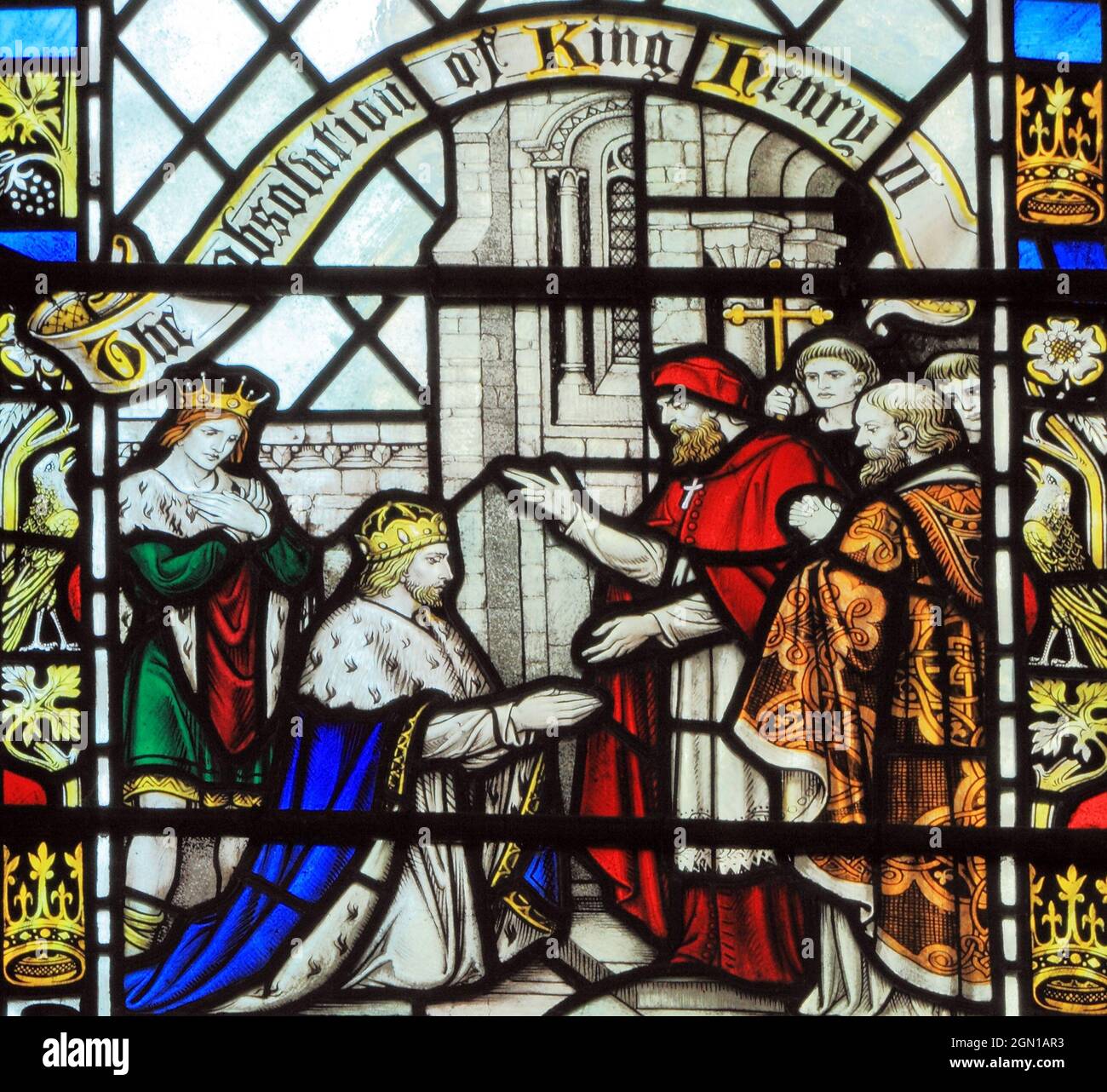 Absolution von König Heinrich 2., nach Mord an Thomas Becket, Glasmalerei, Blakeney, Norfolk, England Stockfoto