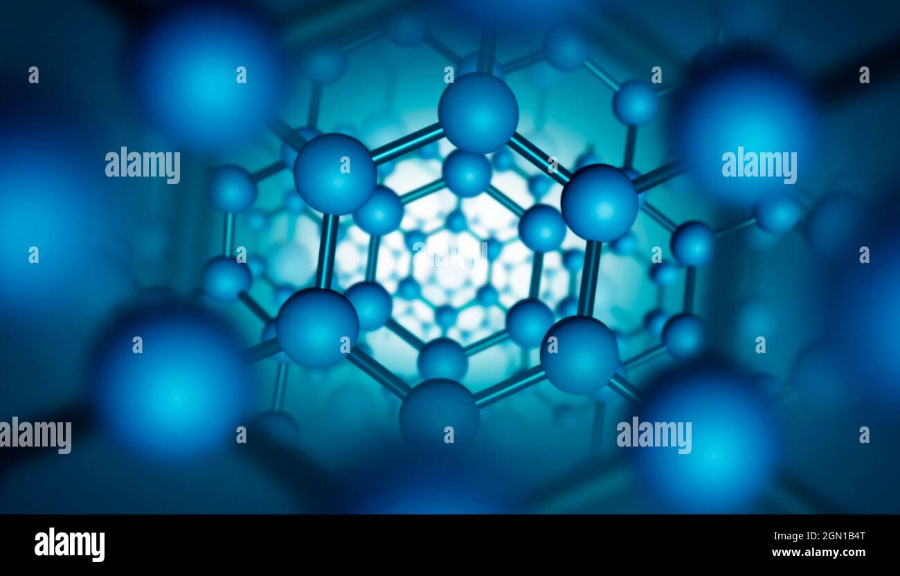Molekulare Welt der Nanotechnologie in der modernen Wissenschaft. Struktur von Nanomaterialien. 3D-Darstellung des atomaren Gitters auf technischem Hintergrund. 3D-Renderi Stockfoto