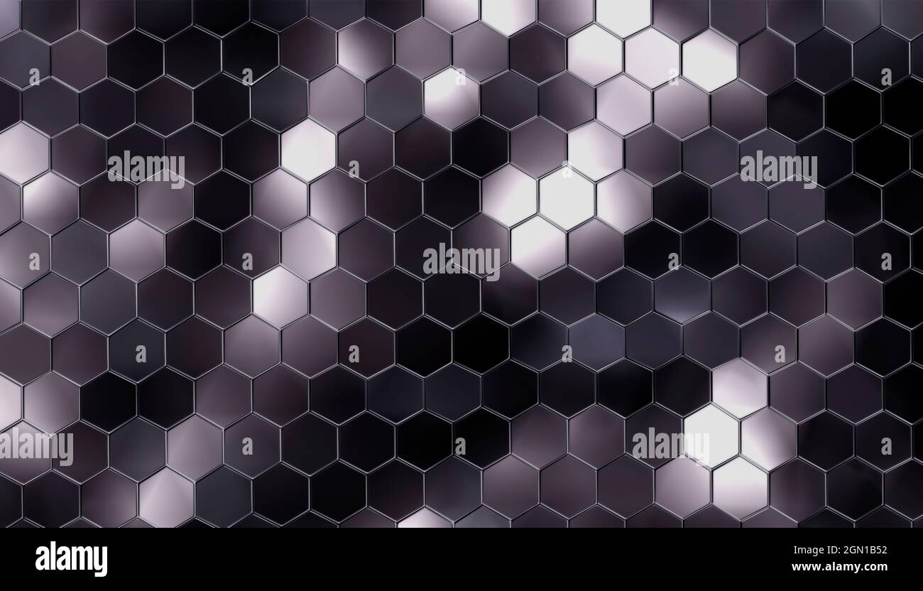 Graphen sechseckige Struktur in Bewegung. 3D-Darstellung des atomaren Gitters auf technischem Hintergrund. Konzept der künstlichen Intelligenz. 3D-Rendering Stockfoto