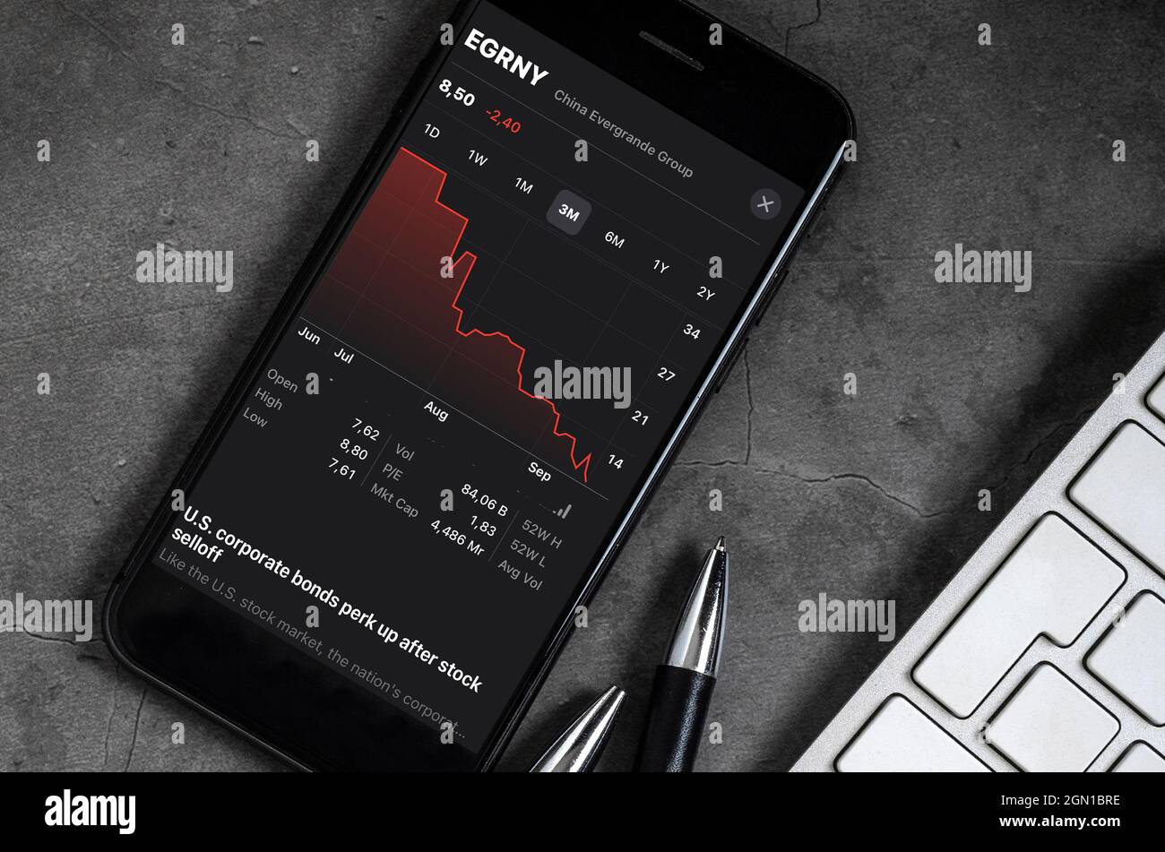 Antalya, Türkei - 21. September 2021: Der Aktienindex des chinesischen Immobilienunternehmens Evergrande Real Estate Group wird auf einem iPhone angezeigt. Stockfoto