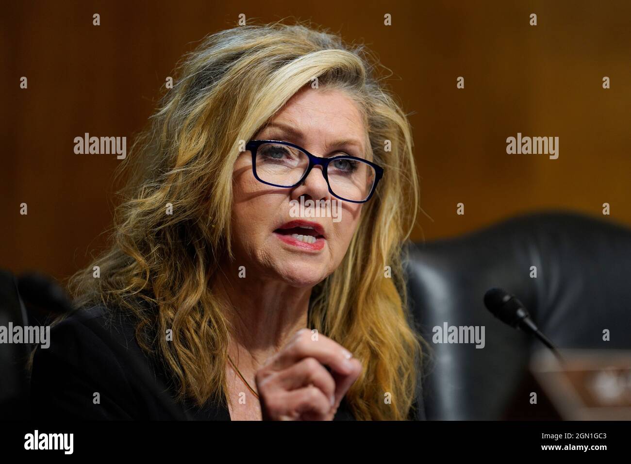 Washington, DC, USA. September 2021. Senatorin Marsha Blackburn, ein Republikaner aus Tennessee, spricht während einer Anhörung in Washington, DC, USA, am Dienstag, den 21. September, 2021. Die Anhörung trägt den Titel „Big Data, Big Questions: Implikationen für Wettbewerb und Verbraucher“. (Foto von Ting Shen/Pool/Sipa USA) Quelle: SIPA USA/Alamy Live News Stockfoto