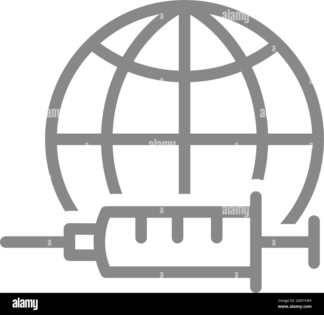Medizinische Spritze und das Symbol für die Erdkugel. Weltimpfung, Statistik zur Bevölkerungsimpfung, Injektionssymbol Stock Vektor