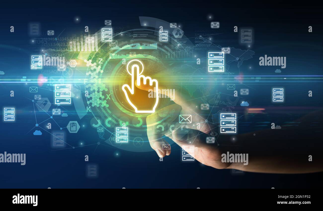 Berühren mit Soft-Gesture-Multimedia-Bildschirm mit Zukunftstechnologie Konzept Stockfoto