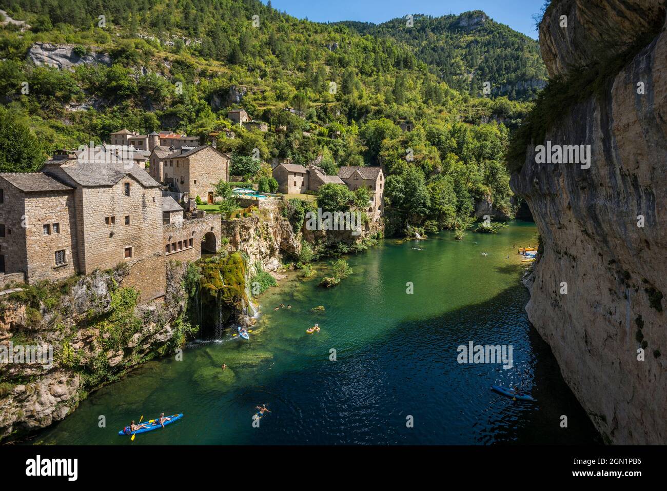 Saint-Chély-du-Tarn, Gorges du Tarn, Parc National des Cevennes, Nationalpark Cevennes, Lozère, Languedoc-Roussillon, Ockitania, Frankreich Stockfoto