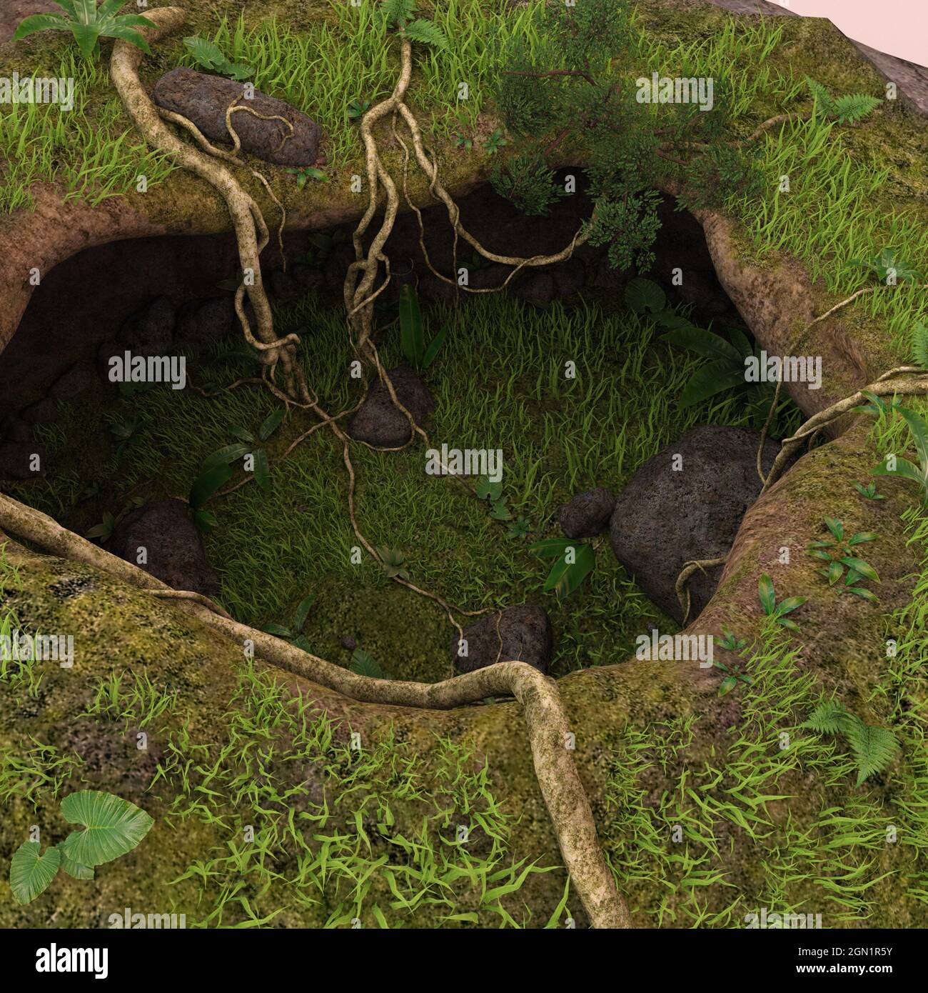 3d-Illustration eines Fantasy-Höhleneingangs mit einem bunten Himmel Stockfoto