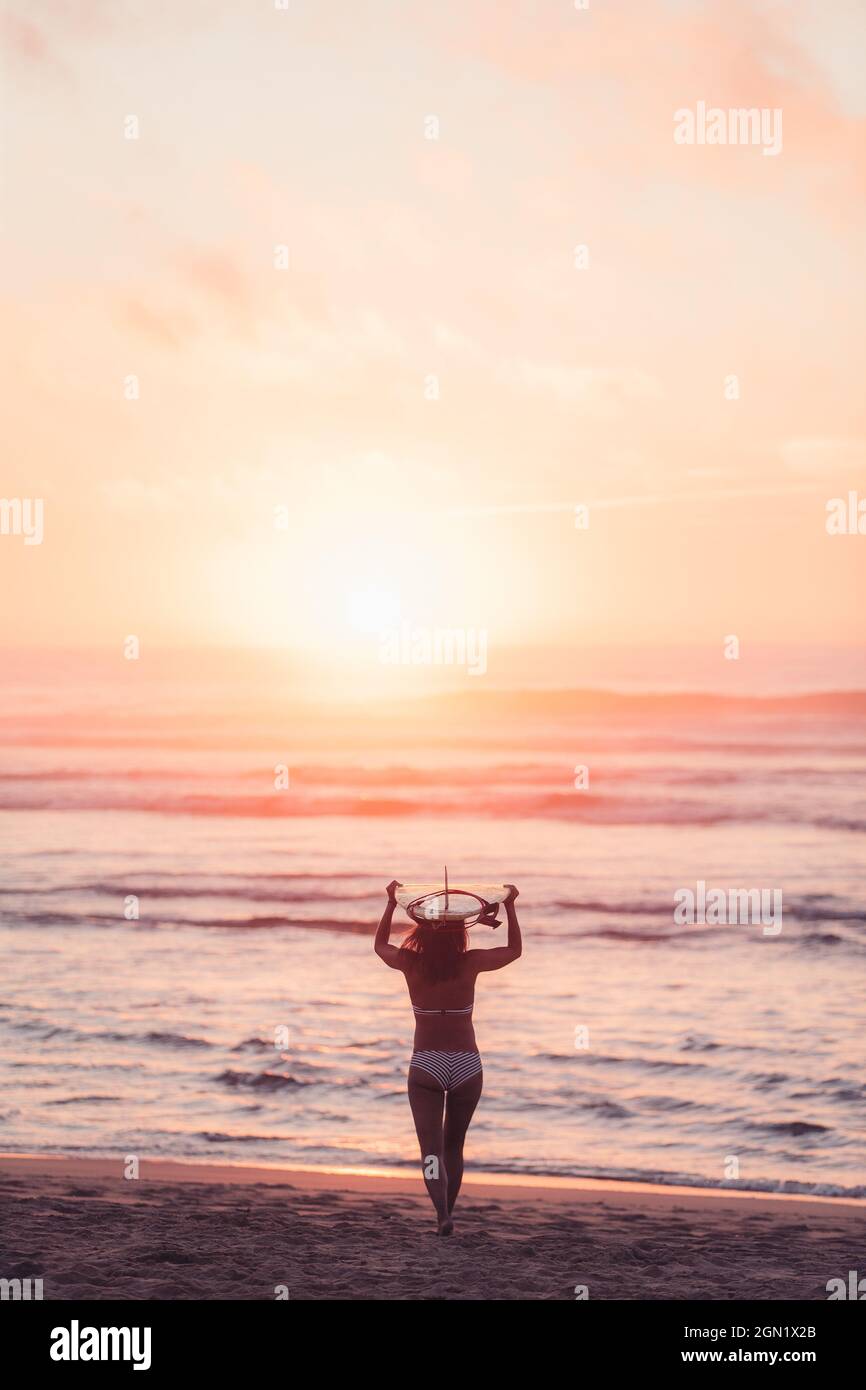 Weibliche Surferin geht mit Surfbrett am Strand in Sonnenuntergang, Surfen, Portugal, Sonnenuntergang Stockfoto