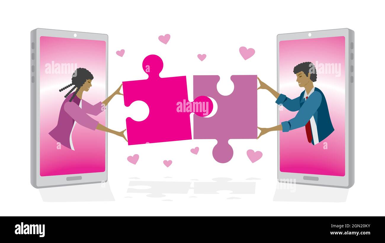 Online-Dating. Frau und Mann treffen sich online und bekommen Spiel und verlieben sich. Vektorgrafik. Dimension 16:9. Stock Vektor