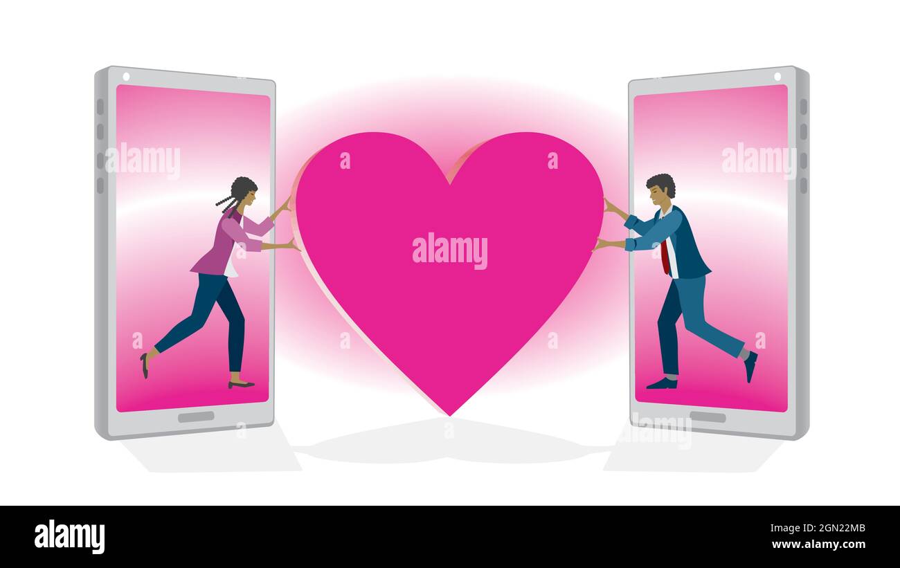 Online-Dating. Paare, Frauen und Männer finden im Internet Übereinstimmung und Liebe. Konzept Liebe und Partner finden. Vektorgrafik. EPS10. Dimension 16:9. Stock Vektor