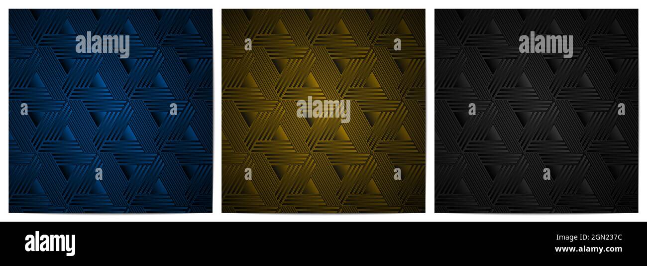 Set von abstrakten geometrischen Muster mit Streifen Dreieck Form elegant aus blau, Gold und schwarzem Hintergrund Stock Vektor