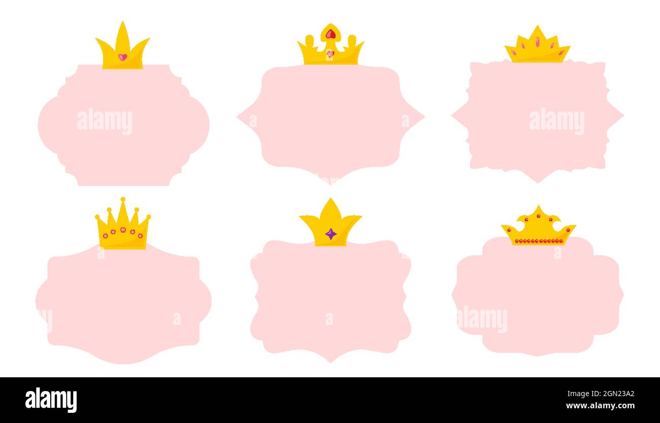 Kronen mit Edelsteinen Set-Vorlagen rosa, Rahmen, Preisschilder, Vintage-Elemente. Sammlung von Objekten für Dekoration und Design isoliert auf weißem Hintergrund. Vektorgrafik Stock Vektor