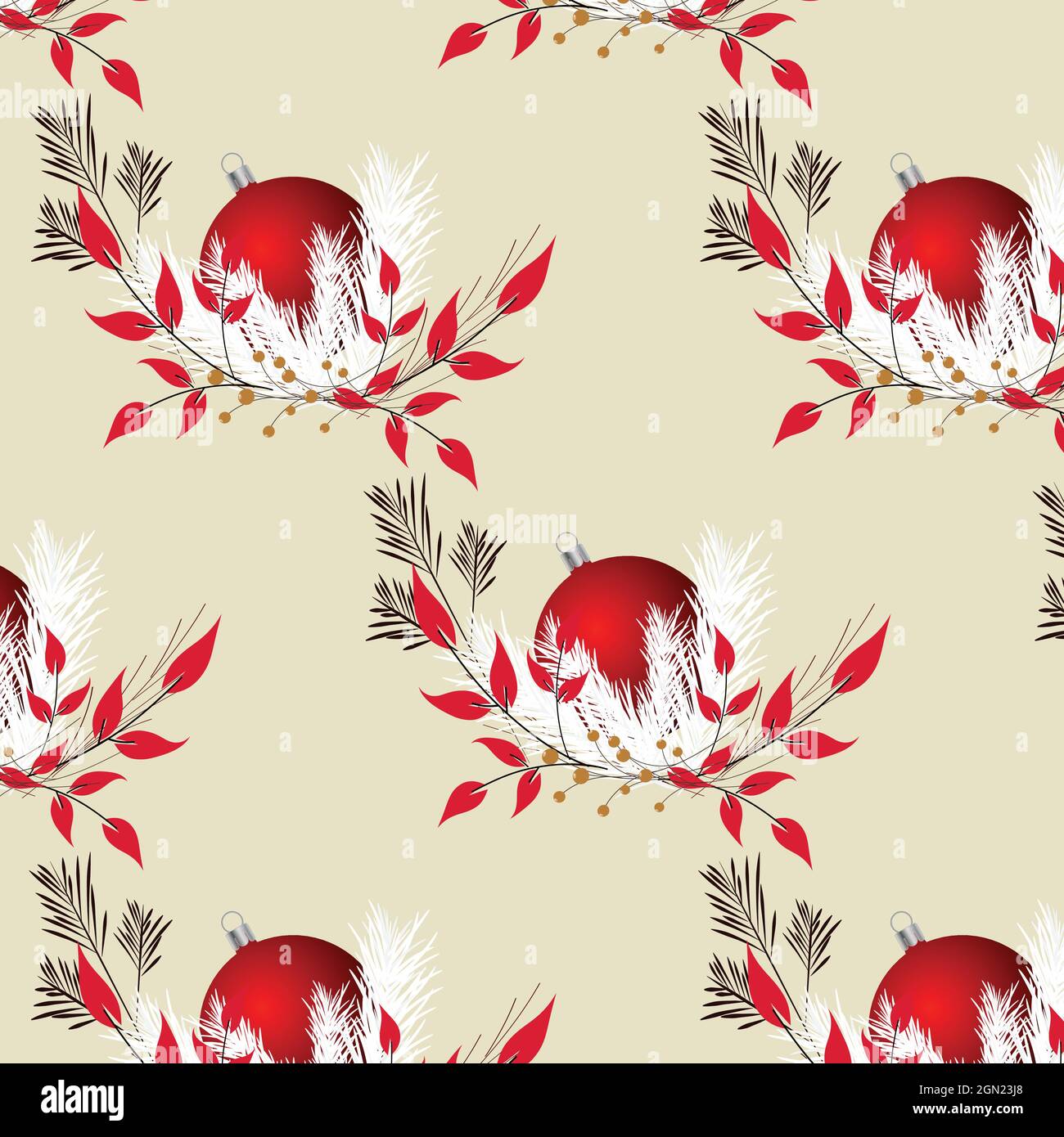 Nahtloses Muster mit weißen Tannenzweigen und roten Kugeln, für festliche Gestaltung, Grußkarten, Druck, Poster, Textilien, Hintergrundbilder, Inv Stock Vektor